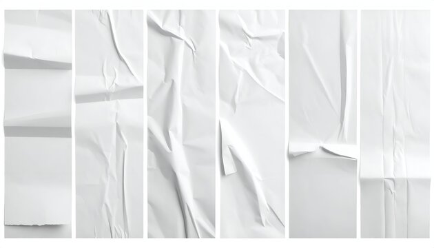 Collage of six distressed, crumpled, and folded white paper textures
