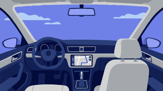 Car interior dashboard view with navigation system, steering wheel and sky