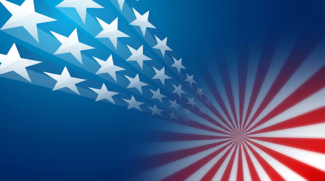 Patriotic American flag background, blue star pattern with red and white sunburst rays, fourth of July holiday celebration backdrop