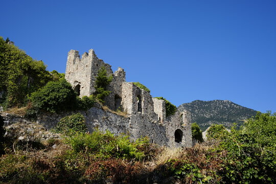 Mystras Medieval Ruins Overgrown with Vegetation, Byzantine City, Peloponnese, Greece