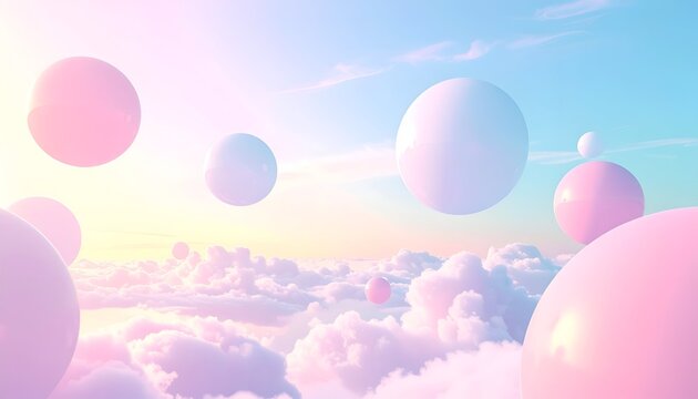 Pink and white spheres float over a sea of fluffy clouds against a pastel sky