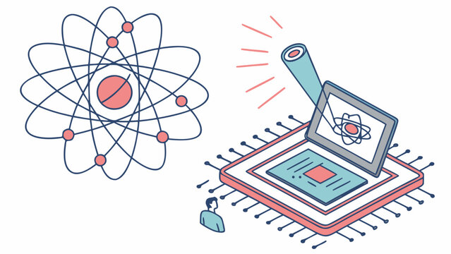 Atom model is being analyzed by a digital interface and a small human figure in this graphic.
