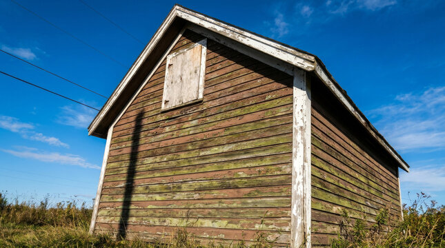 Rustic weathered wooden shed with peeling paint, old timber barn structure under blue sky, vintage rural outbuilding in a grassy field