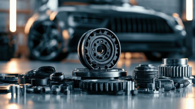 Assorted automotive engine components and metal gears on a reflective workshop floor with a blurred vehicle in the background