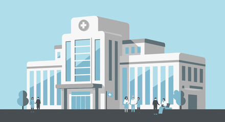 Naklejka premium Hospital Building with Minimalist Design and Healthcare Professionals in Modern Illustration