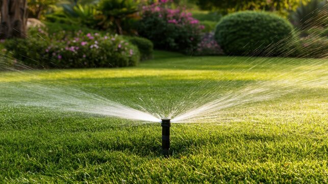 Automatic lawn sprinkler system watering a lush green garden lawn in the sunlight