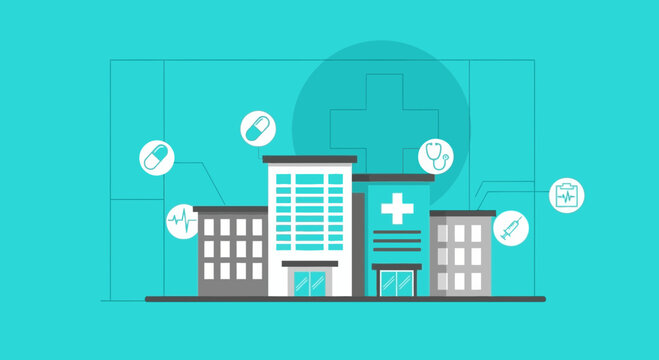 Hospital Buildings With Medical Emblems On Cyan Background Vector Illustration