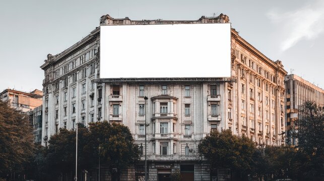 Blank billboard on historic city building facade