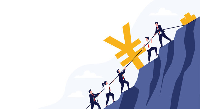 Team of business professionals pulls a giant Yen currency symbol up a steep mountain, symbolizing collaborative effort in financial growth and economic challenges.