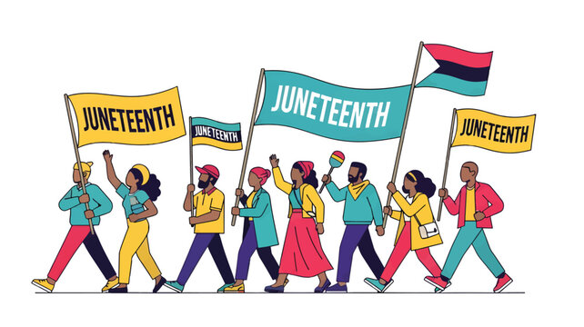 Juneteenth Celebration Parade Illustration with African American People Carrying Banners and Flags