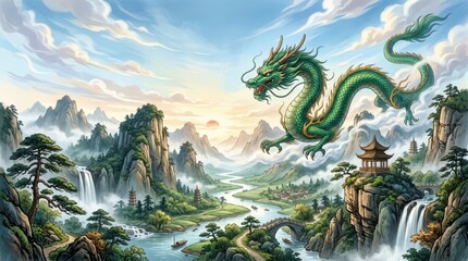 Fototapeta premium Majestic green dragon soars over a misty, mountainous landscape at sunrise