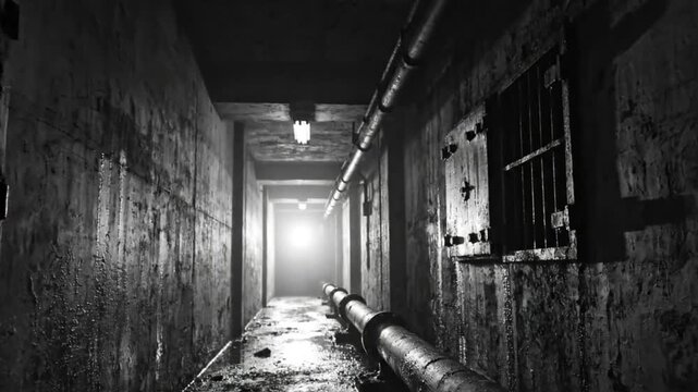 Eerie monochrome long underground hallway with pipes, lights, and damp concrete walls creates a suspenseful atmosphere