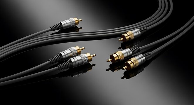 Black rca audio cables with metal connectors arranged on a dark reflective surface for media systems. RCA audio connector