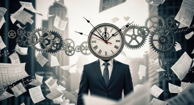 Businessman with clock gear head in office.