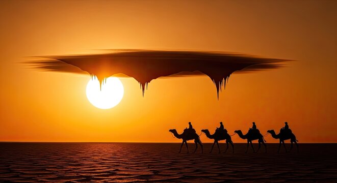 Camels walking on water at sunset.