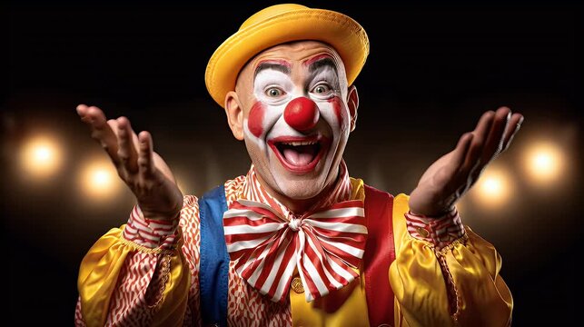 Joyful clown with open arms on a black background