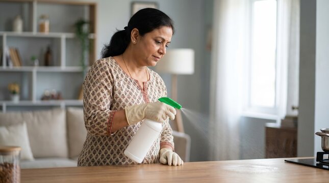 Mature Indian Woman with OCD Meticulously Sanitizing Wooden Table with Spray Bottle and Gloves at Home