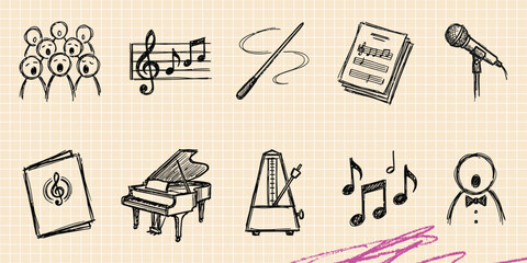 Black ink scribble doodle vector vintage hand drawn set of music choir singing piano and audio notes © Broke Stoke