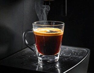 Fototapeta premium Hot Fresh Espresso Coffee In A Clear Glass Cup With Golden Crema And Rising Steam On A Professional Machine Drip Tray With Dark Background