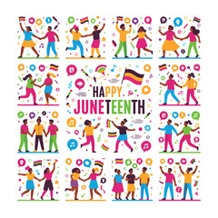Fototapeta premium Happy Juneteenth Celebration Vector Illustration Set with Diverse People and Festive Icons
