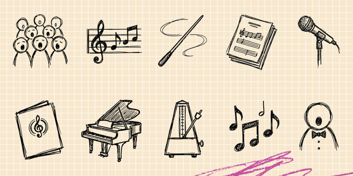 Black ink scribble doodle vector vintage hand drawn set of music choir singing piano and audio notes