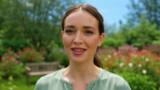 Woman stands in a lush park communicating with audience. Caucasian girl talks and gestures to show space in garden. Outdoor lifestyle presentation in summer.