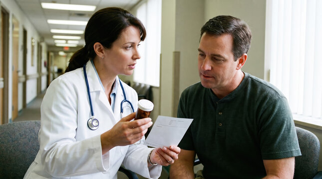 Professional female physician providing medication adherence counseling to a mature male patient in a clinic.