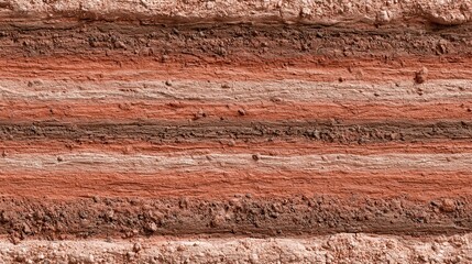 Close-up texture of layered geological soil strata showing horizontal bands of red clay and brown earth