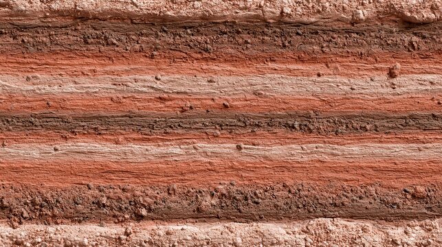 Close-up texture of layered geological soil strata showing horizontal bands of red clay and brown earth