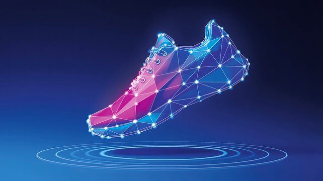 Futuristic running shoe with digital wireframe design and smart sports technology concept