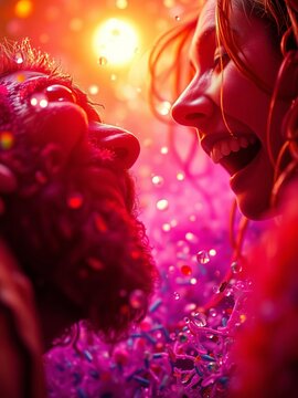 Glee erupts as textures and hues collide  Each pixel a testament to burgeoning connection and shared delight,  intimate connection,  hearthside happiness