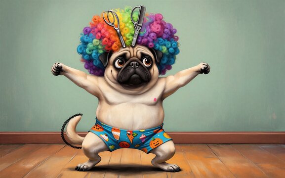 Pug in rainbow wig and swim trunks dances with scissors on its head.