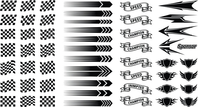 Collection of black and white racing decals featuring checkered flags speed lines and champion banners