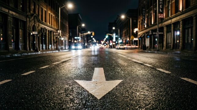 Night Urban Street with Arrow Traffic Sign and Lights