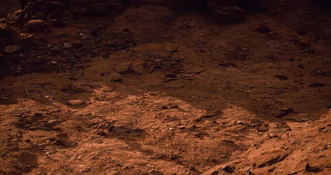Detailed rocky desert surface displays dry soil and scattered stones in warm earthy tones.
