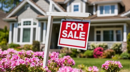 Fototapeta premium For Sale Sign in Front of a Beautiful Suburban House with Pink Flowers in the Foreground