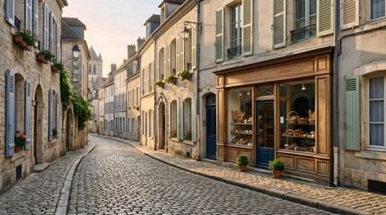 Fototapeta premium Empty cobblestone street in a provincial town at sunrise
