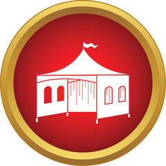 Naklejka premium White tent icon with banner on a red and gold button surface