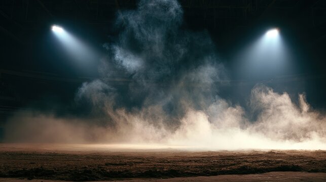 Empty dark arena with dramatic spotlights, thick smoke, and dust over a dirt ground background