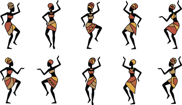 A collection of stylized silhouettes showing traditional african dancers performing rhythmic movements in vibrant colorful clothing
