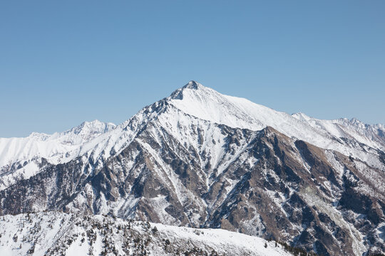 Panoramic view of the snowy Peak of Love above Arshan village in Buryatia, Russia, with rugged mountain ridges, clear blue sky, and winter alpine scenery
