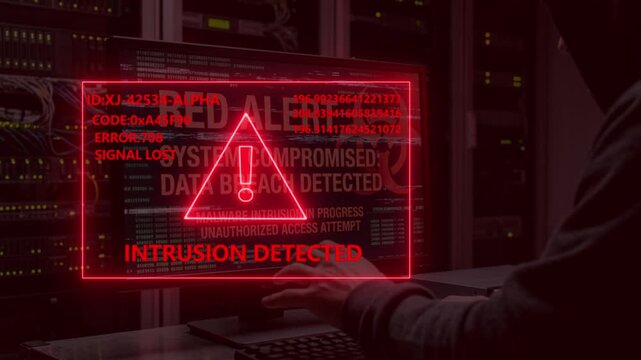 Hacker wearing a hoodie working on a computer showing a red alert for intrusion detected and system compromised.