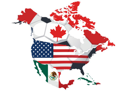 Vector world cup 2026 host countries map with flags of USA Canada and Mexico