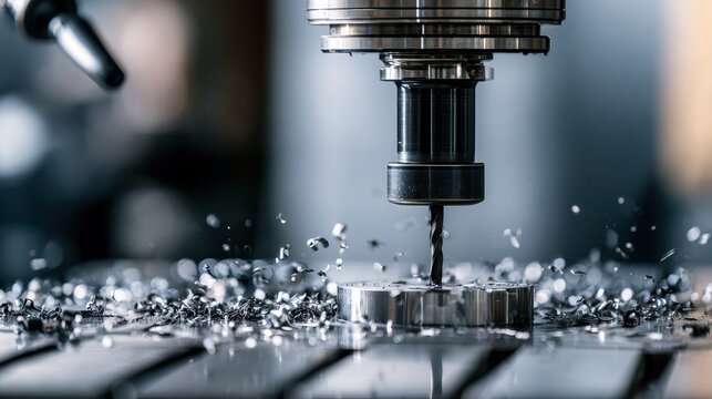 High-precision CNC machine drilling into a metal component with flying metal shavings in an industrial workshop