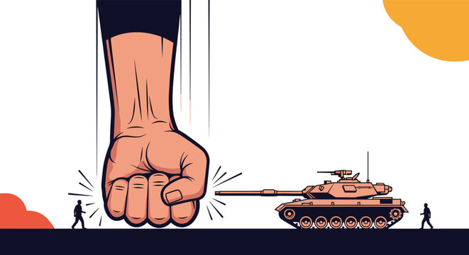 Giant fist confronts a military tank with two small people observing, symbolizing power imbalance, conflict, and the struggle between strength and force.