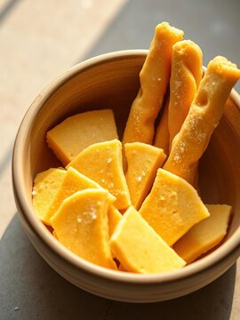 Golden dough batons fractured into inviting segments within a minimalist ceramic vessel, a study in textural contrast ,  top down,  cakwe