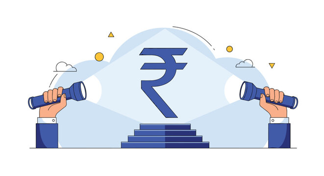 Two hands holding flashlights shining on a prominent Indian Rupee symbol on a podium, representing financial focus, currency insight, and economic spotlight.