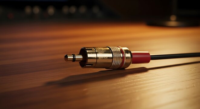 A gold audio jack connector cable resting on a smooth dark wooden surface with soft warm lighting. RCA audio connector