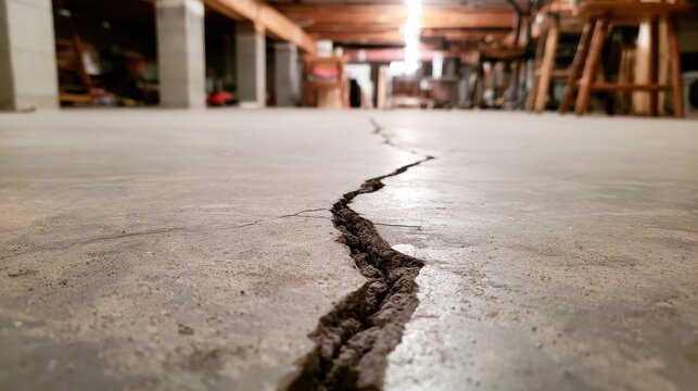 Large crack in a concrete basement floor showing structural foundation damage