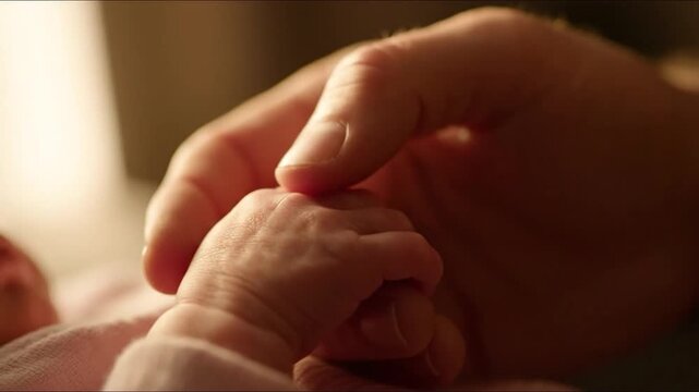 Close-up of a newborn babys hand being held by an adult, symbolizing care and love.
